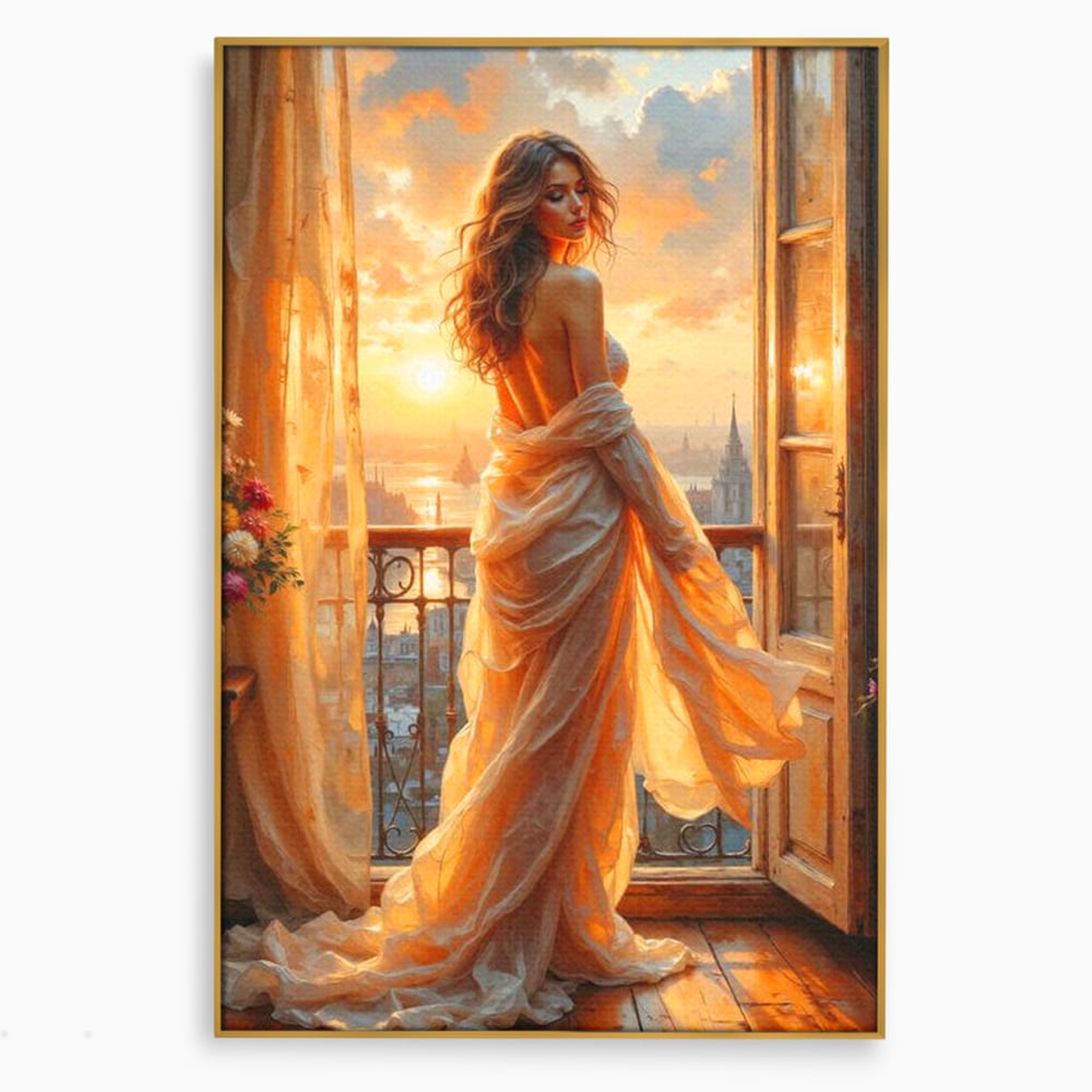 Tablou canvas cu tablou canvas cu femeie la fereastra, in rama de aluminiu auriu